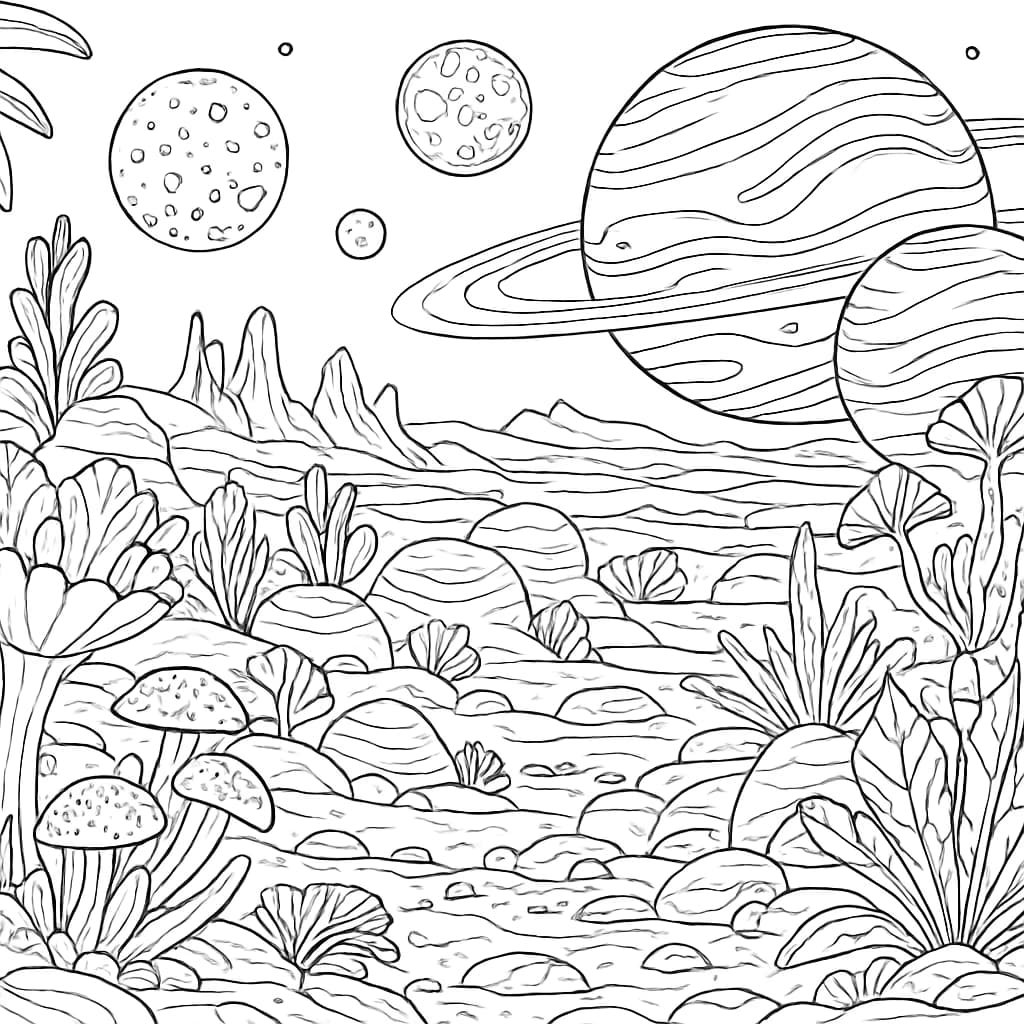 太陽系ぬりえページ:エイリアン惑星の風景