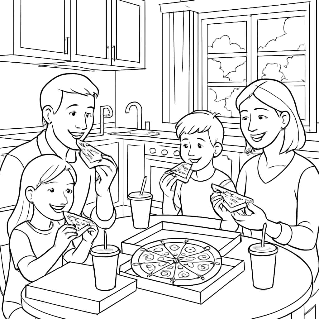 Pizza Coloring Pages - Family Eating Pizza