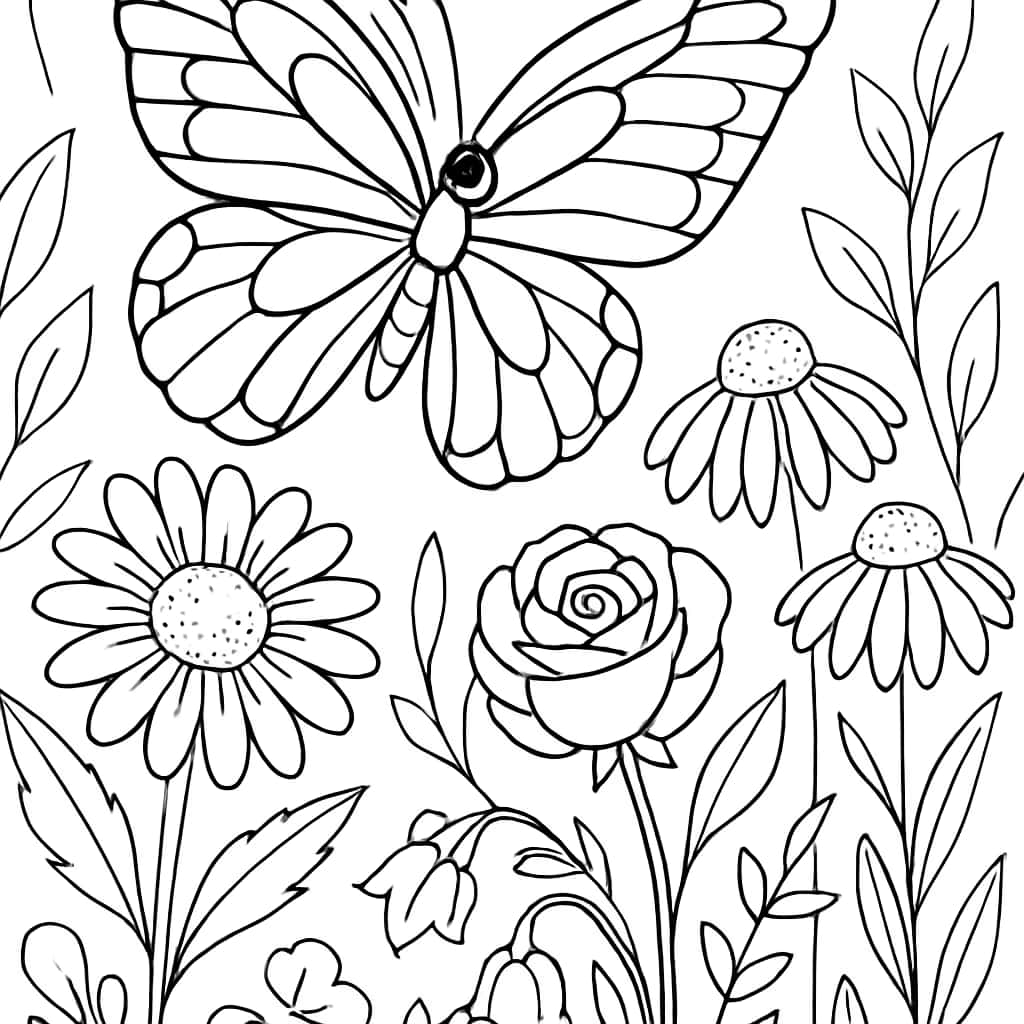 蝴蝶涂色页|花園場景線稿打印適合青少年