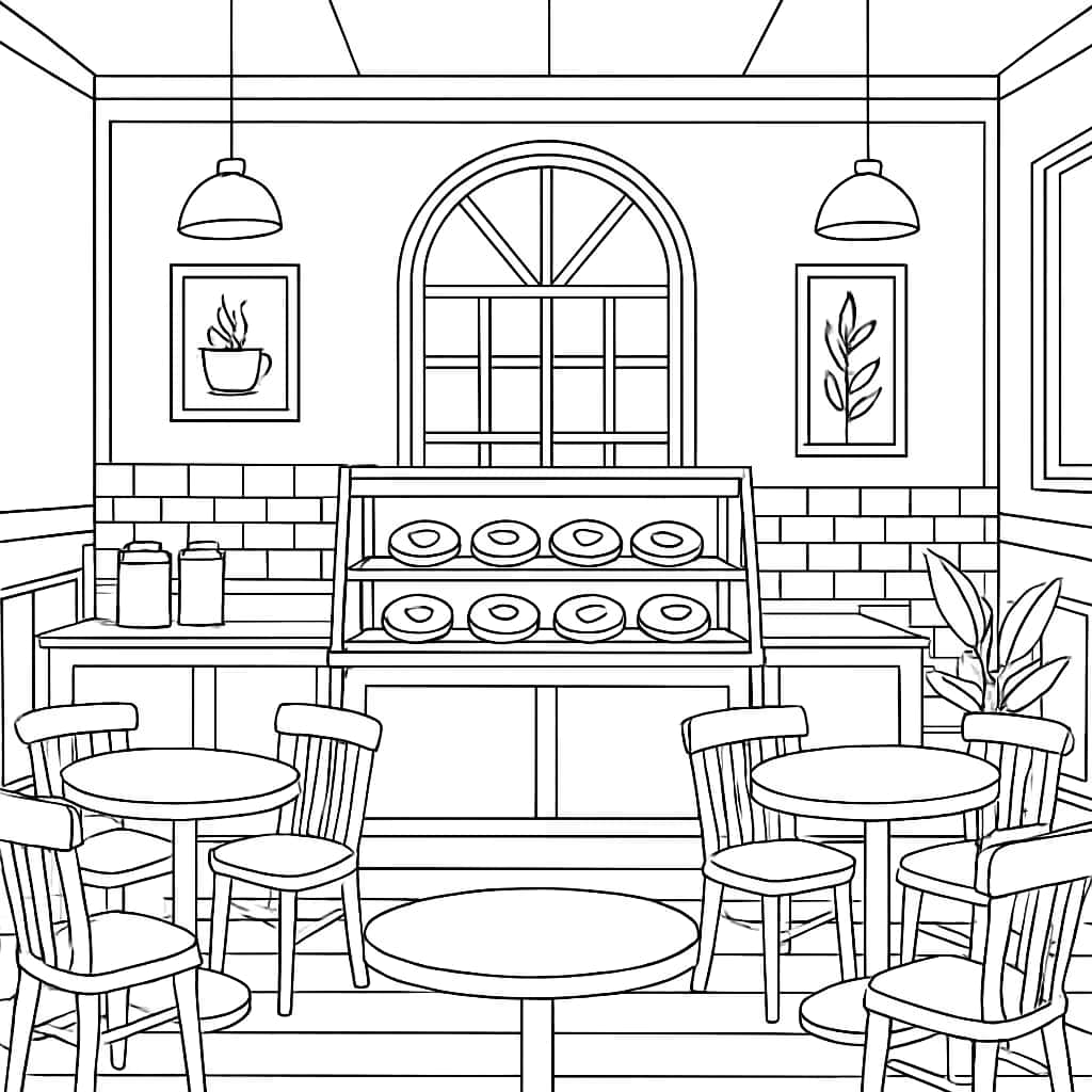 甜甜圈涂色页 - 咖啡馆内部场景