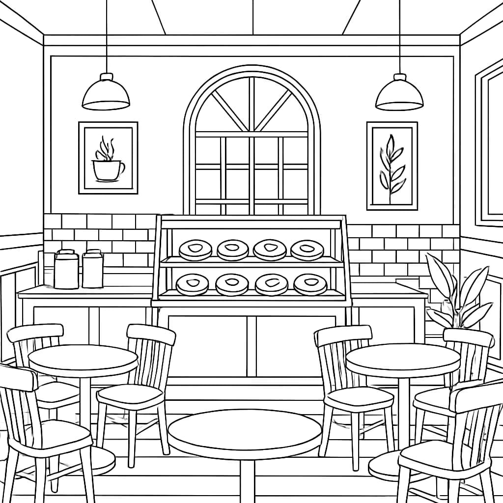 甜甜圈涂色页 - 咖啡馆内部场景