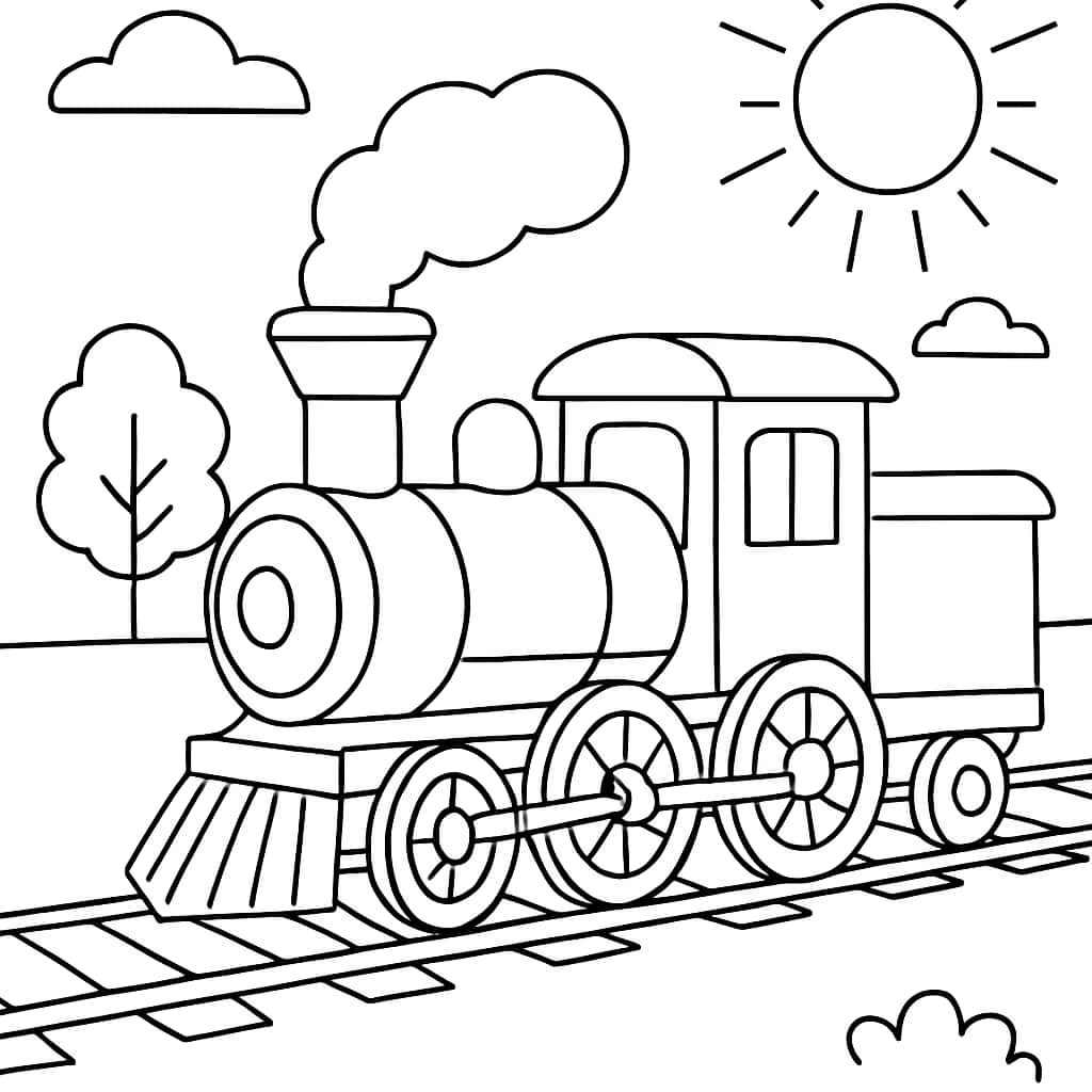 Train Coloring Pages - Train on Rails with Clouds Printable for Kids