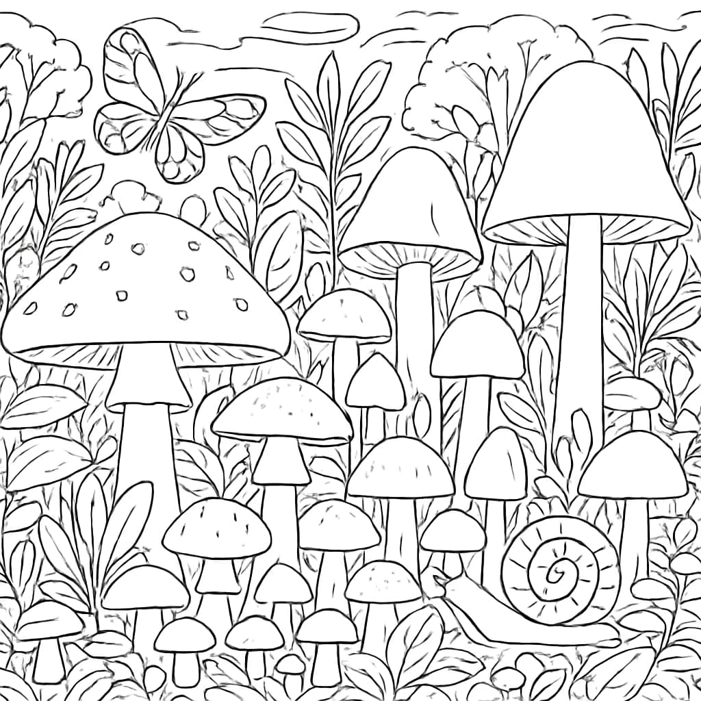 Pages de coloriage de champignons – Jardin complexe à imprimer
