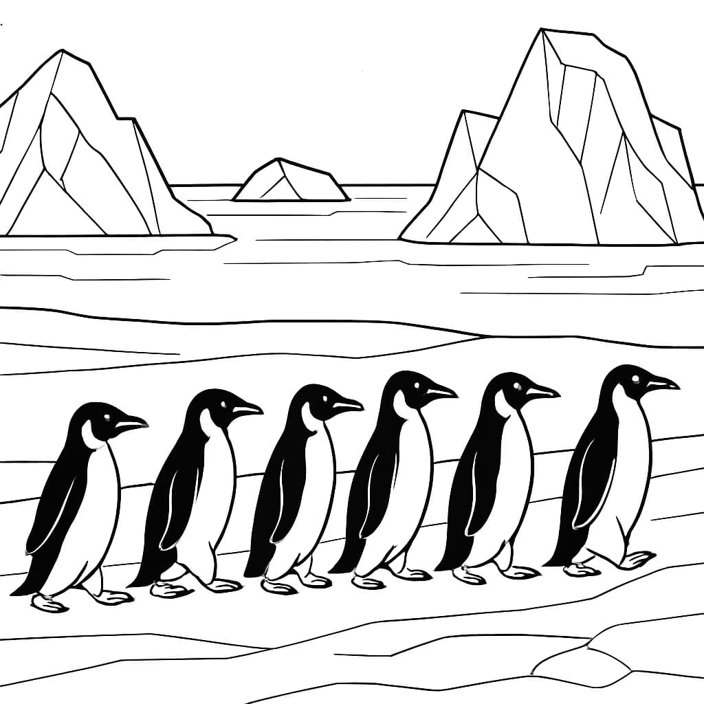 企鵝涂色頁|企鵝群行進主題線稿,適合青少年
