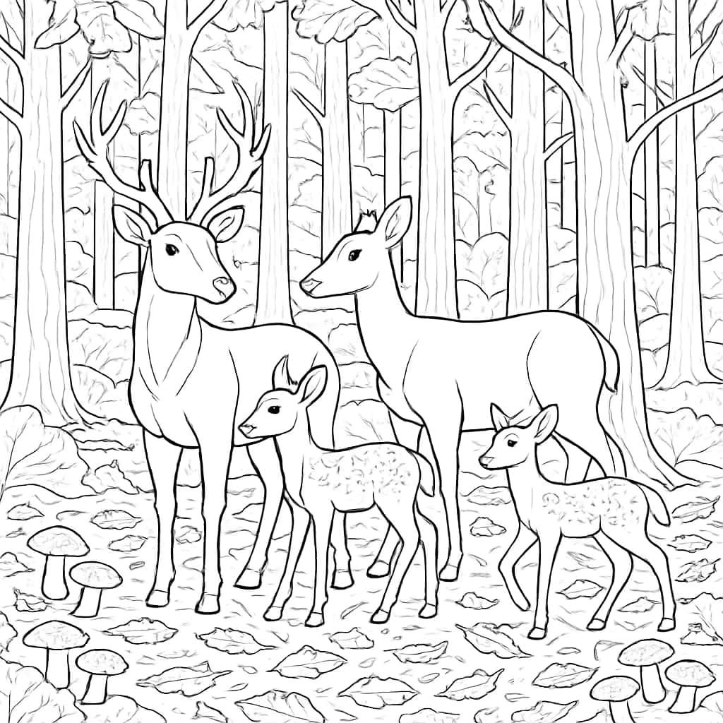 Deer Coloring Pages - Deer Herd in Autumn Forest Coloring Page