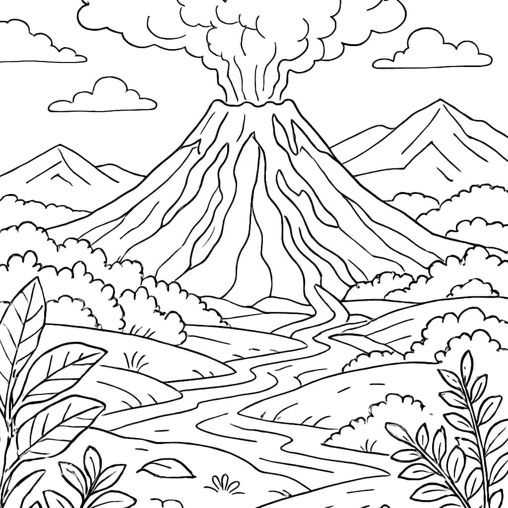 Hawaii 涂色页:夏威夷火山景观线稿