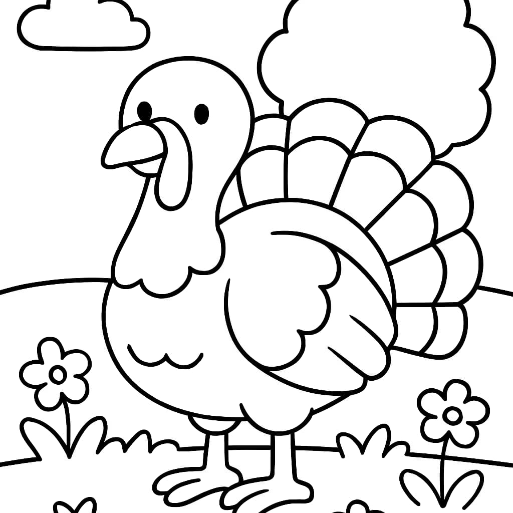 火雞涂色頁:草地上的火雞線稿,適合兒童打印