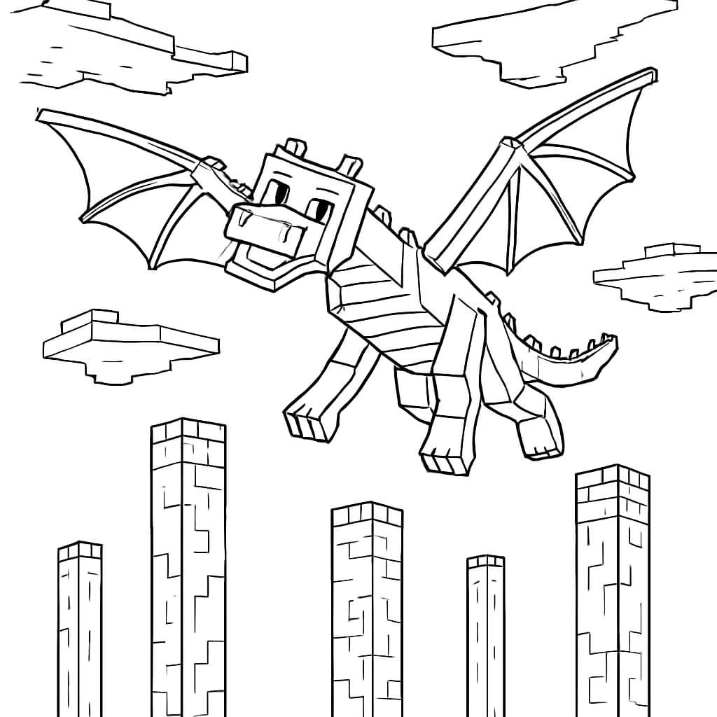 Minecraft Coloring Pages – Ender Dragon Flying Line Art