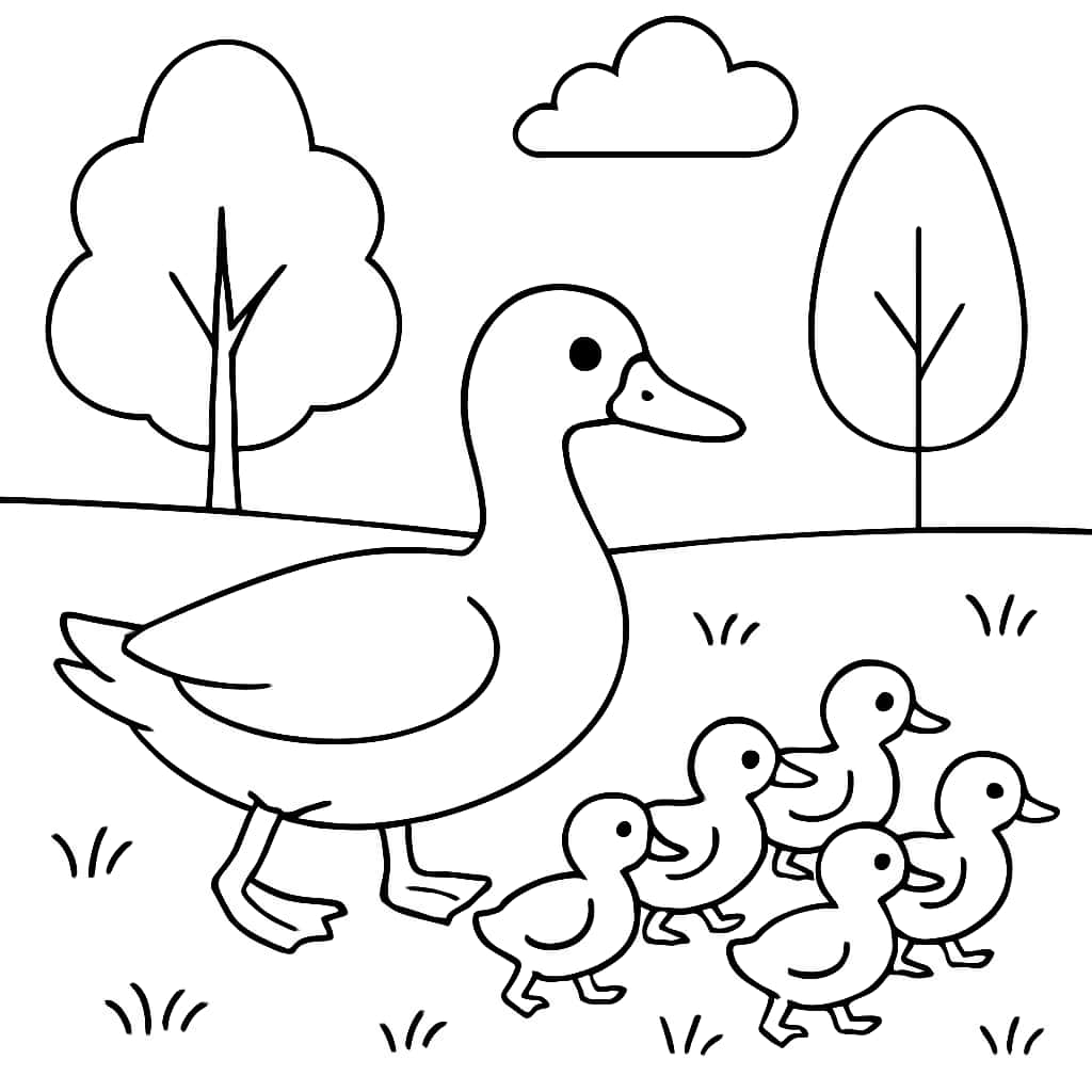 Duck Coloring Pages - Duck Family in Nature for Kids