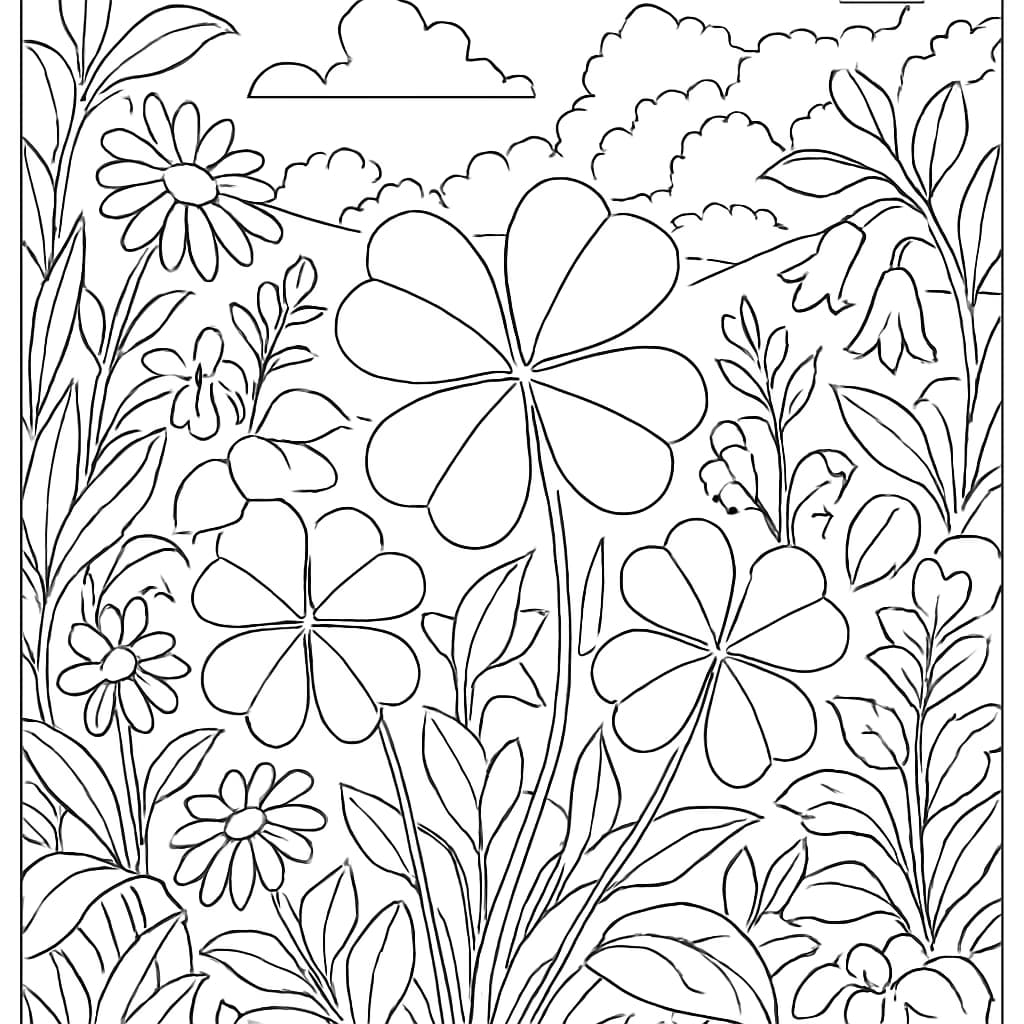 四葉草涂色頁|花園場景線稿適合青少年打印