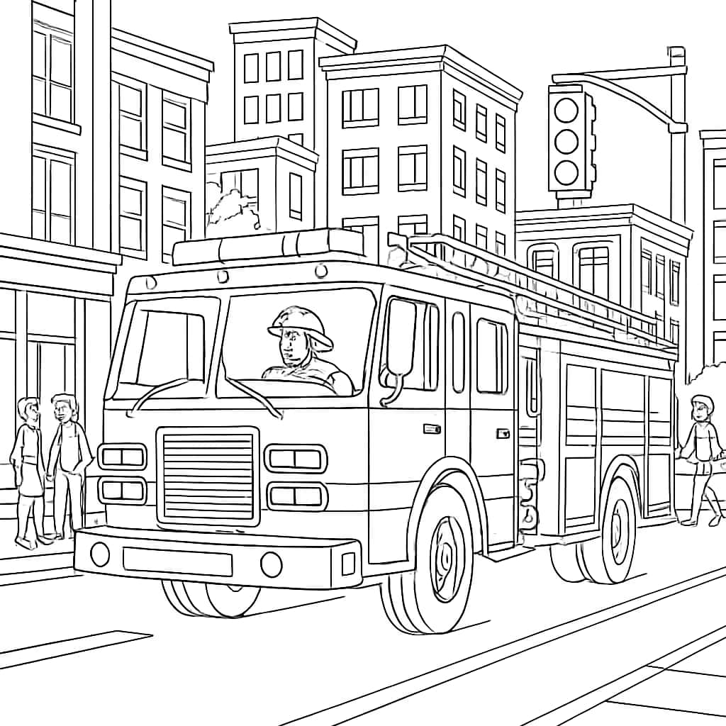 消防员涂色页 - 消防员驾驶消防车涂色页