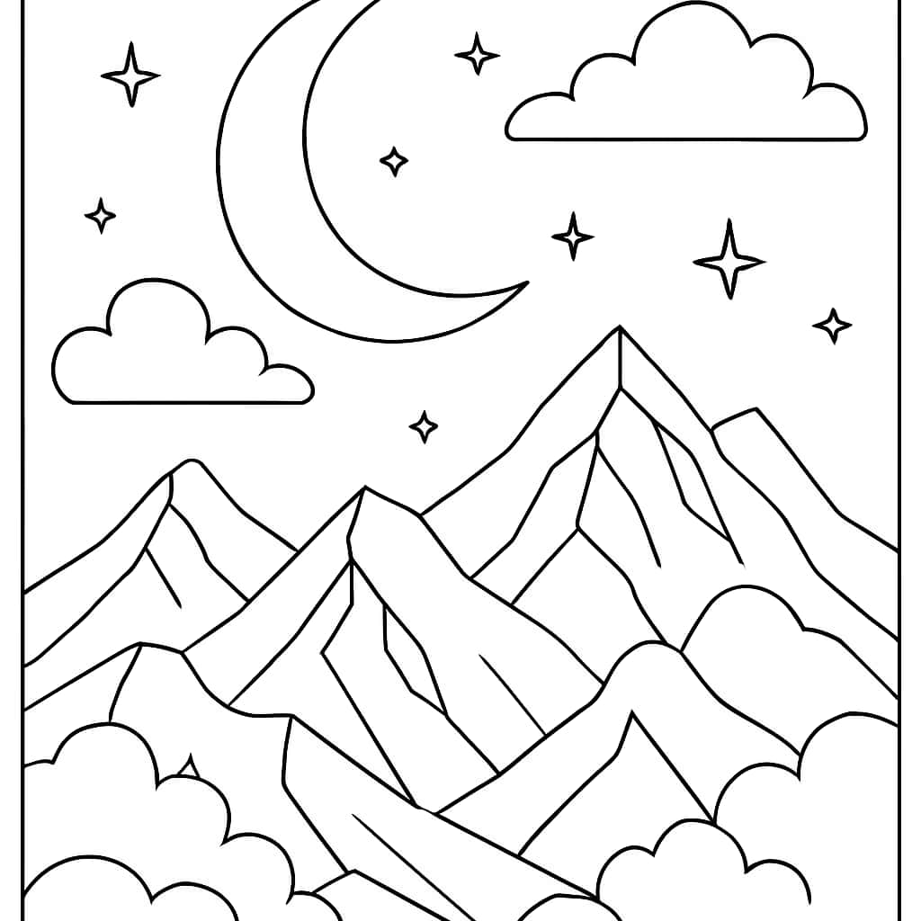 Pages de coloriage esthétiques - Lune et montagnes de rêve
