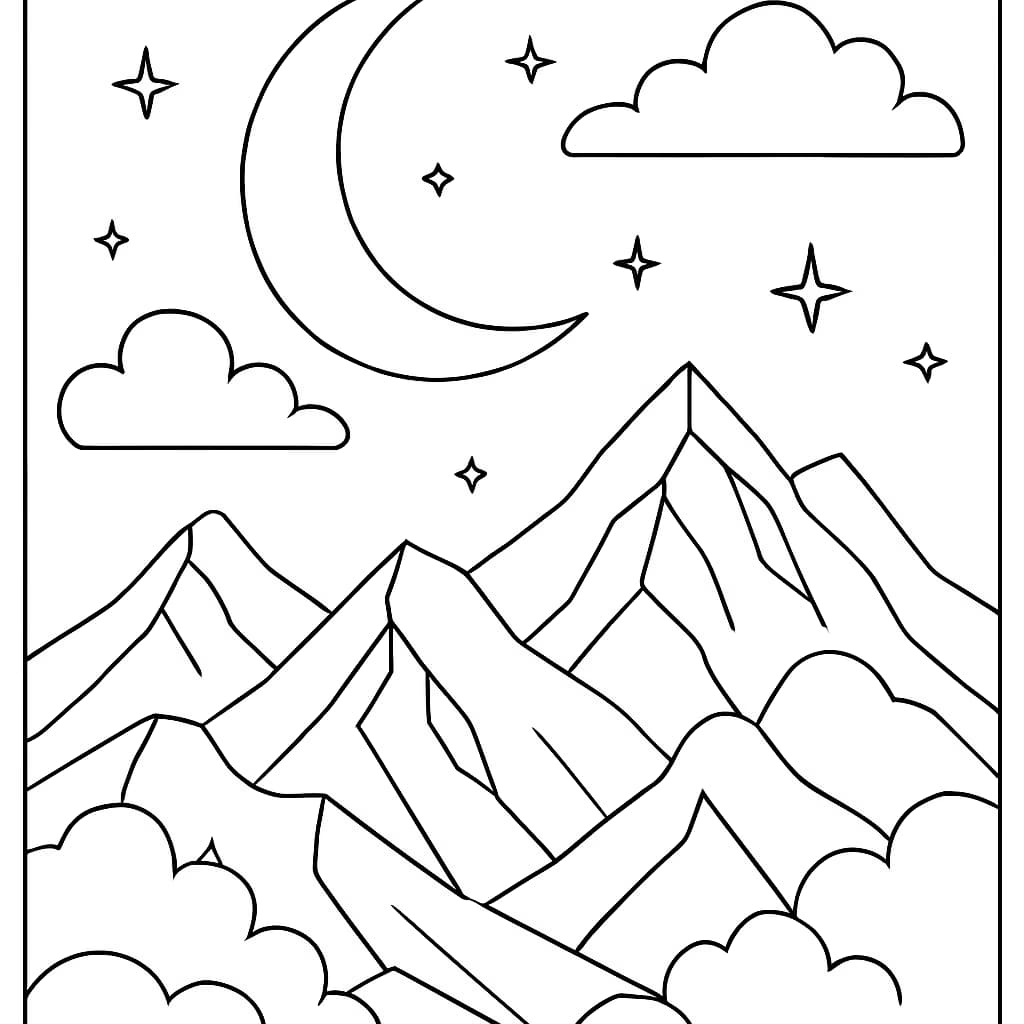 Pages de coloriage esthétiques - Lune et montagnes de rêve