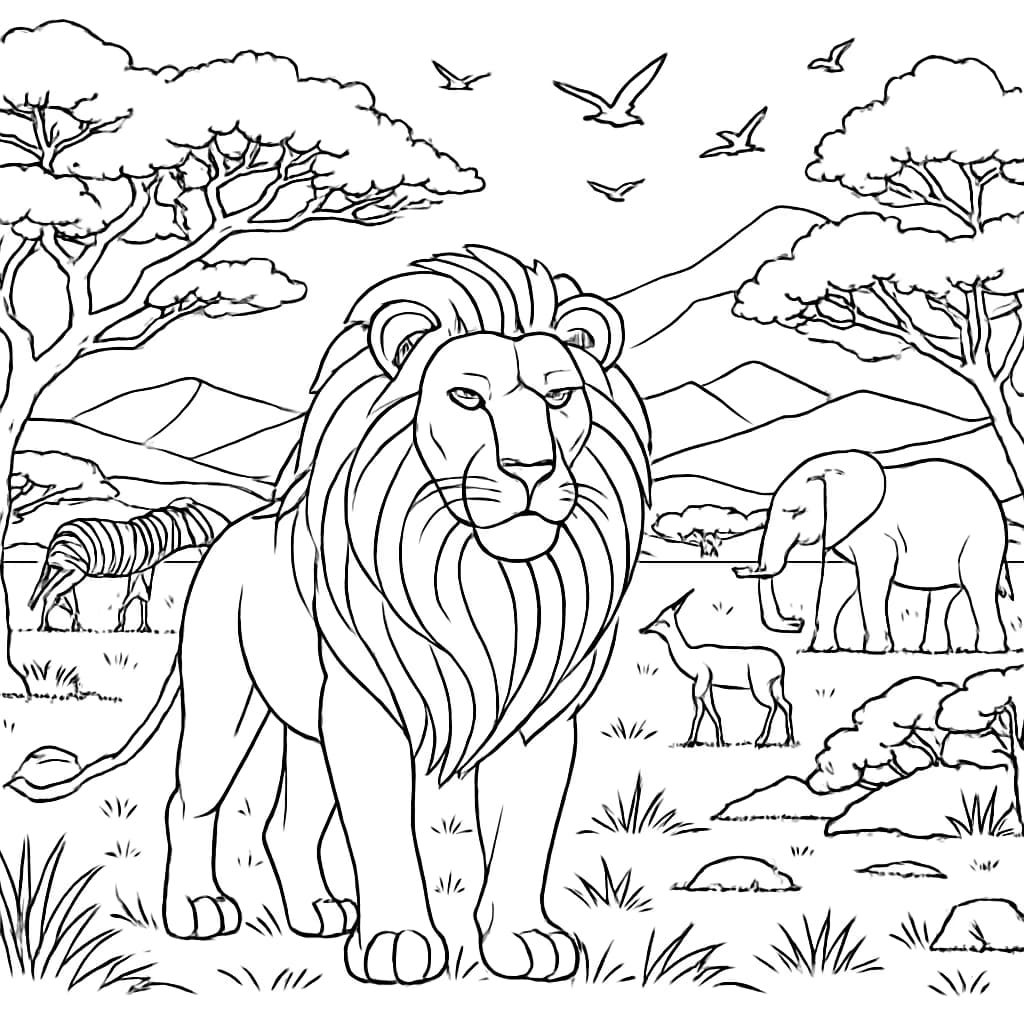 Lion Coloring Pages - Stylized Lion in African Landscape