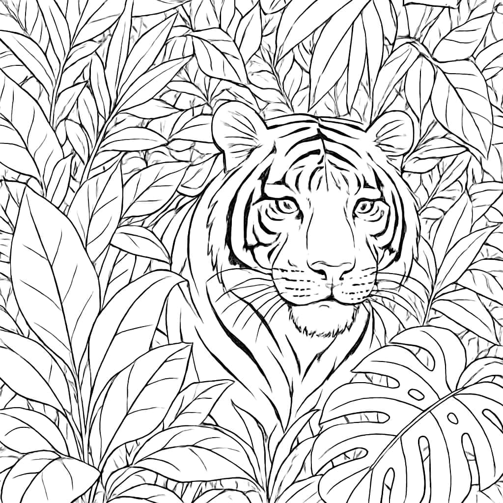 Páginas para colorear de tigre: Tigre escondido entre arbustos