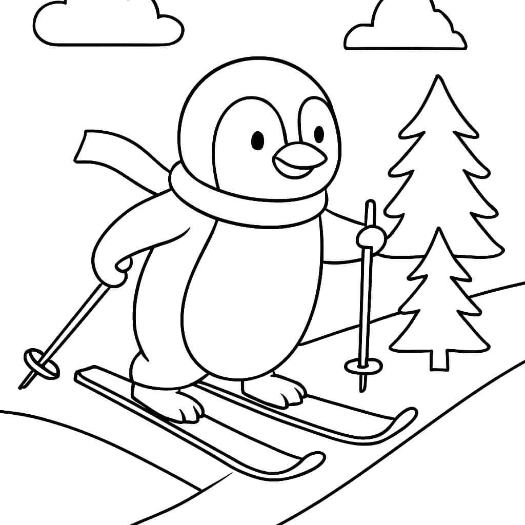 企鵝涂色頁|企鵝滑雪主題兒童塗色圖