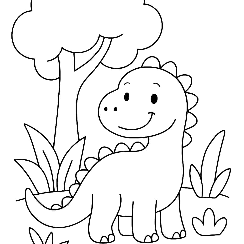 恐龙涂色页 - 恐龙树下涂色画