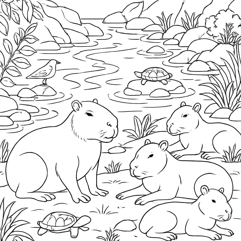Capybara Coloring Pages - Capybara Group at Riverbank
