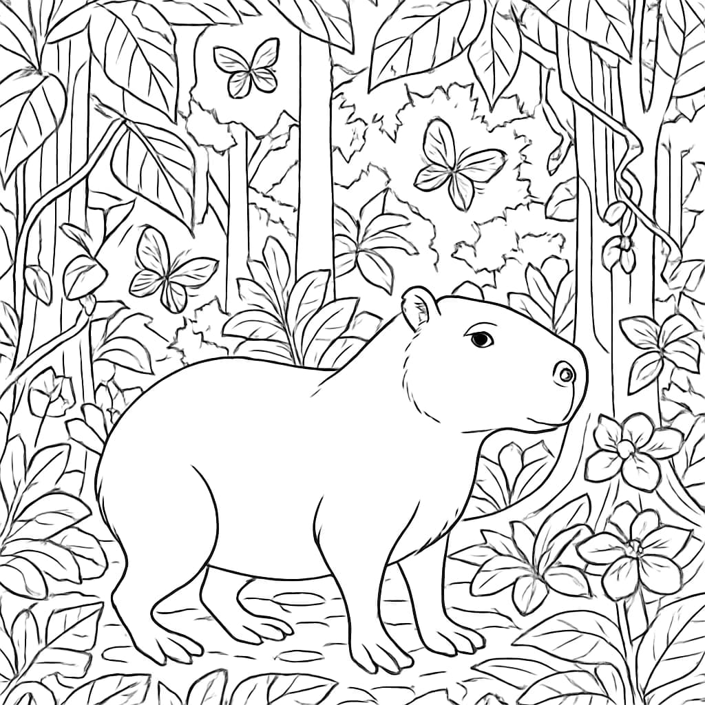 Capybara Coloring Pages – Rainforest Scene for Adults