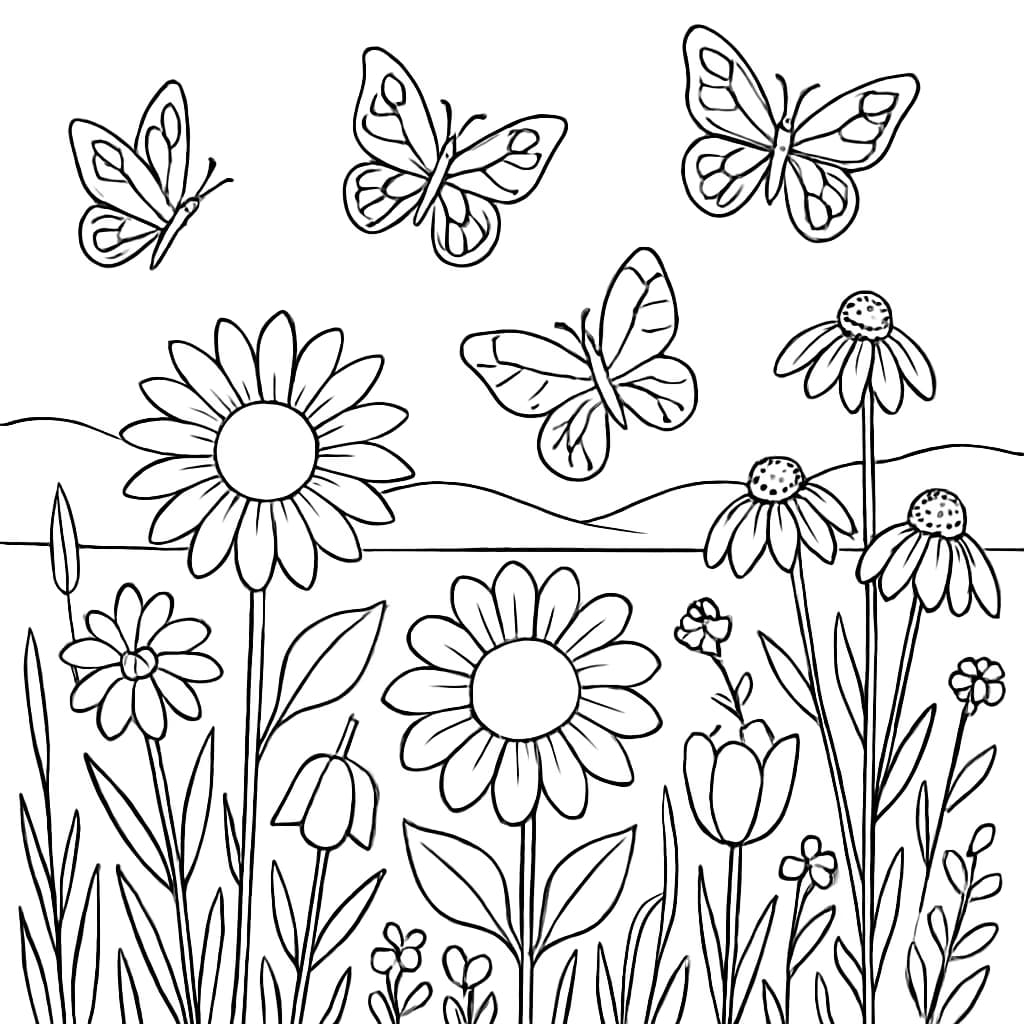 自然主题涂色页 - 花卉草地涂色页