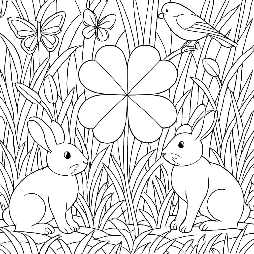 Four Leaf Clover Coloring Pages - Forest Animals Scene