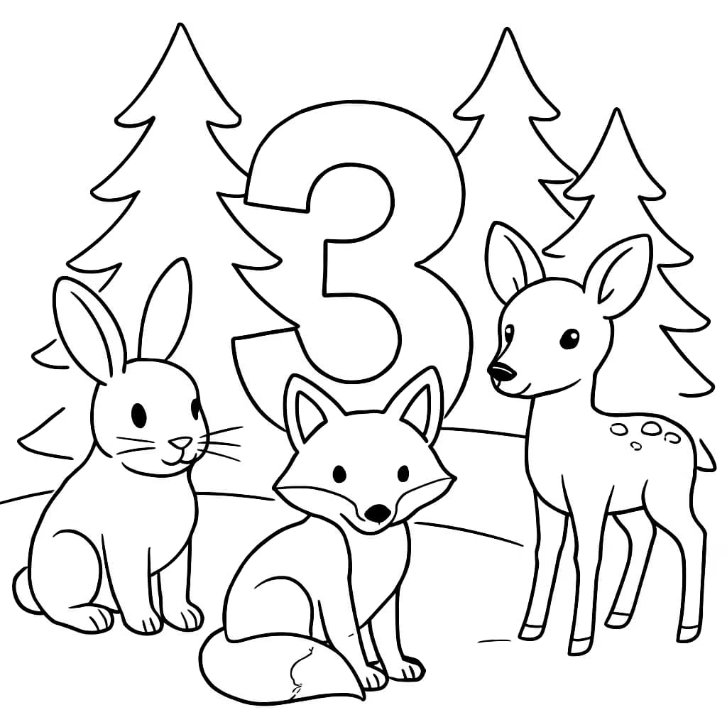 數字涂色頁:森林動物與數字三