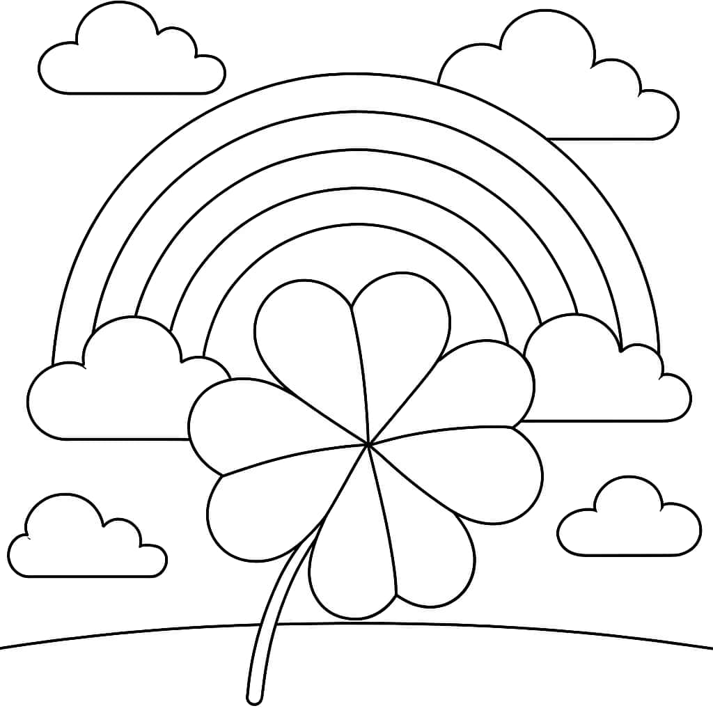 Four Leaf Clover Coloring Pages - Four Leaf Clover and Rainbow