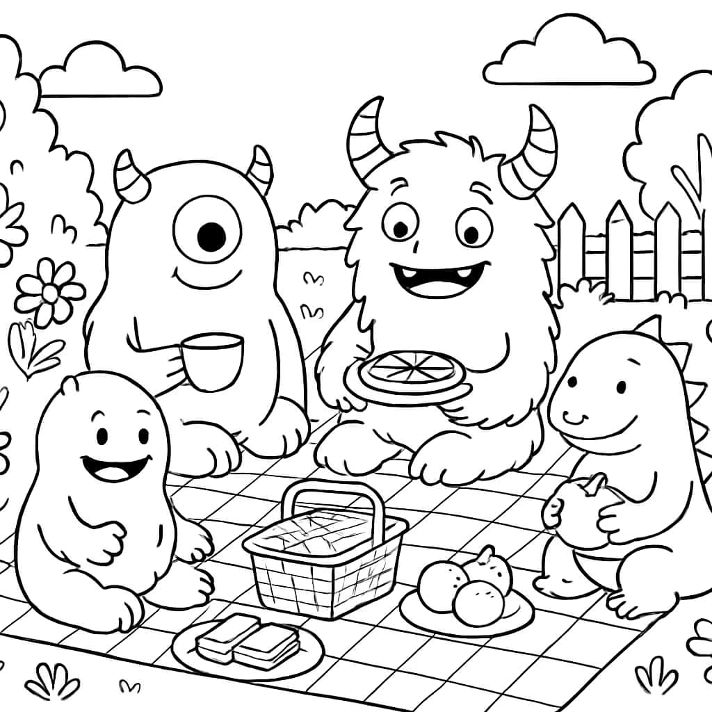 Monster Coloring Pages - Monster Garden Picnic Coloring Page