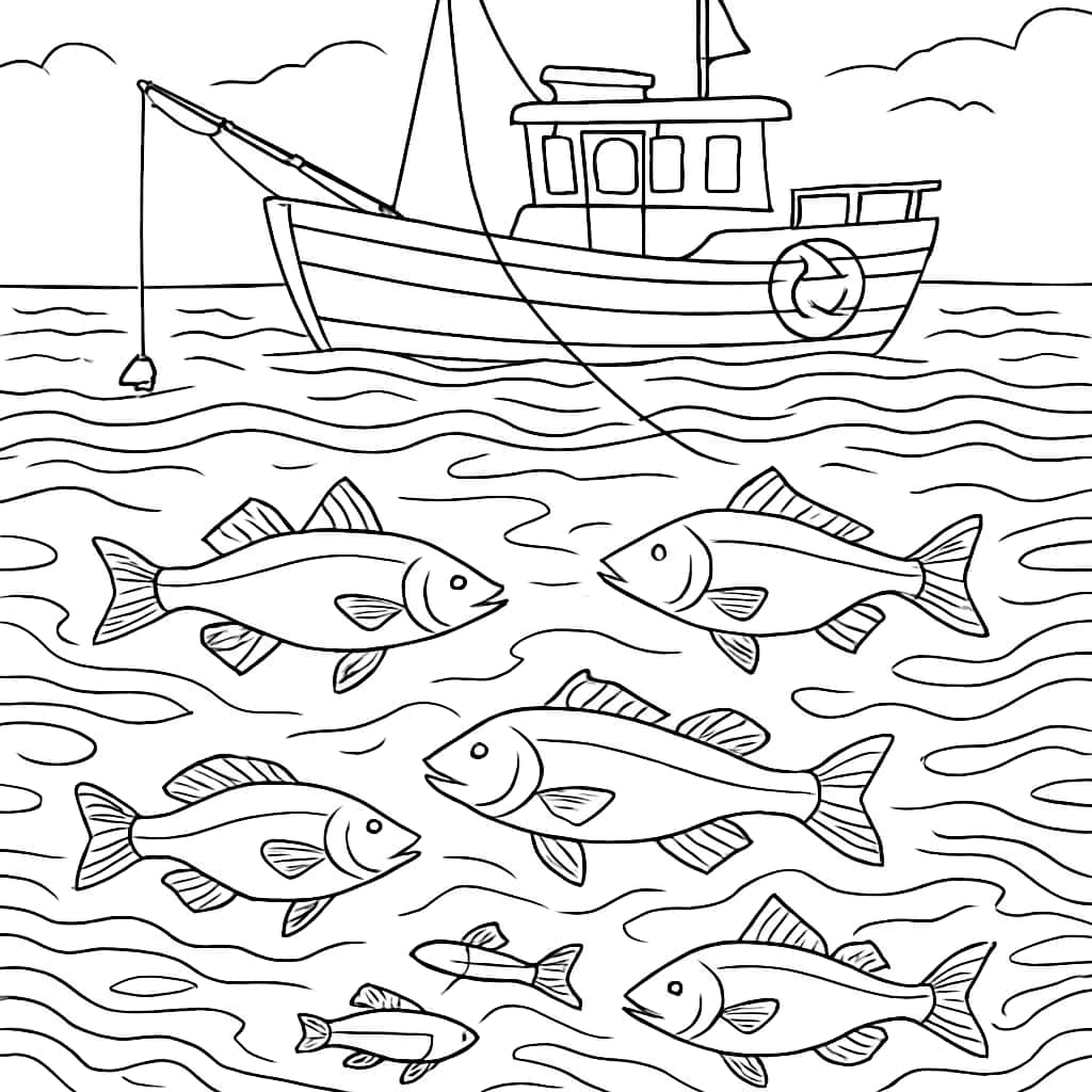 Fish Coloring Pages - Fishing Boat and Fish