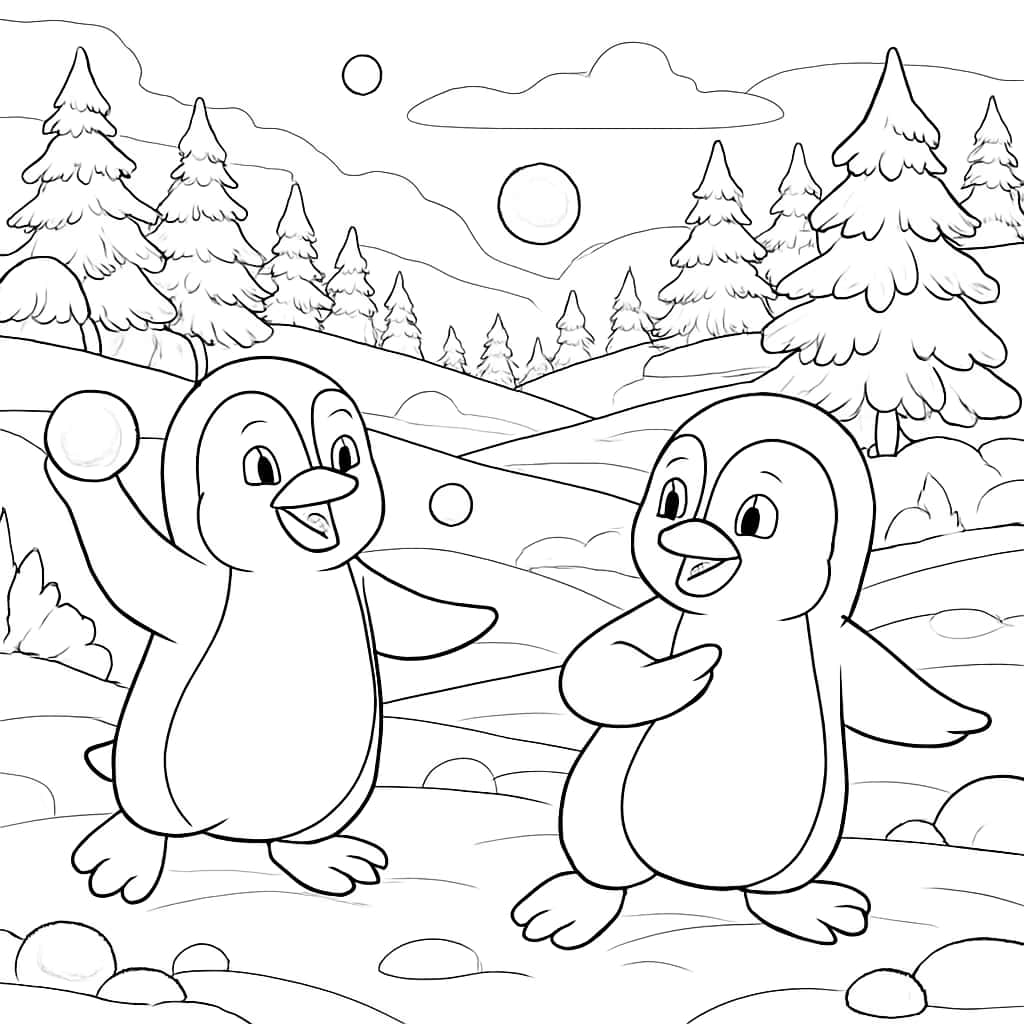 企鵝涂色頁:雪地雪球遊戲