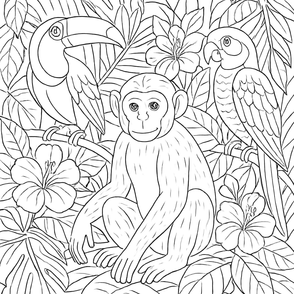 Páginas de Colorir de Macacos e Animais Tropicais