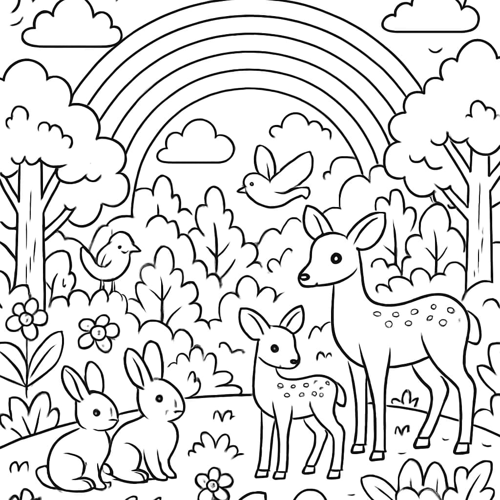 Página para Colorir Arco-Íris e Animais da Floresta