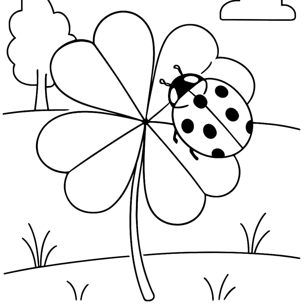 Four Leaf Clover Coloring Pages - Four Leaf Clover and Ladybug