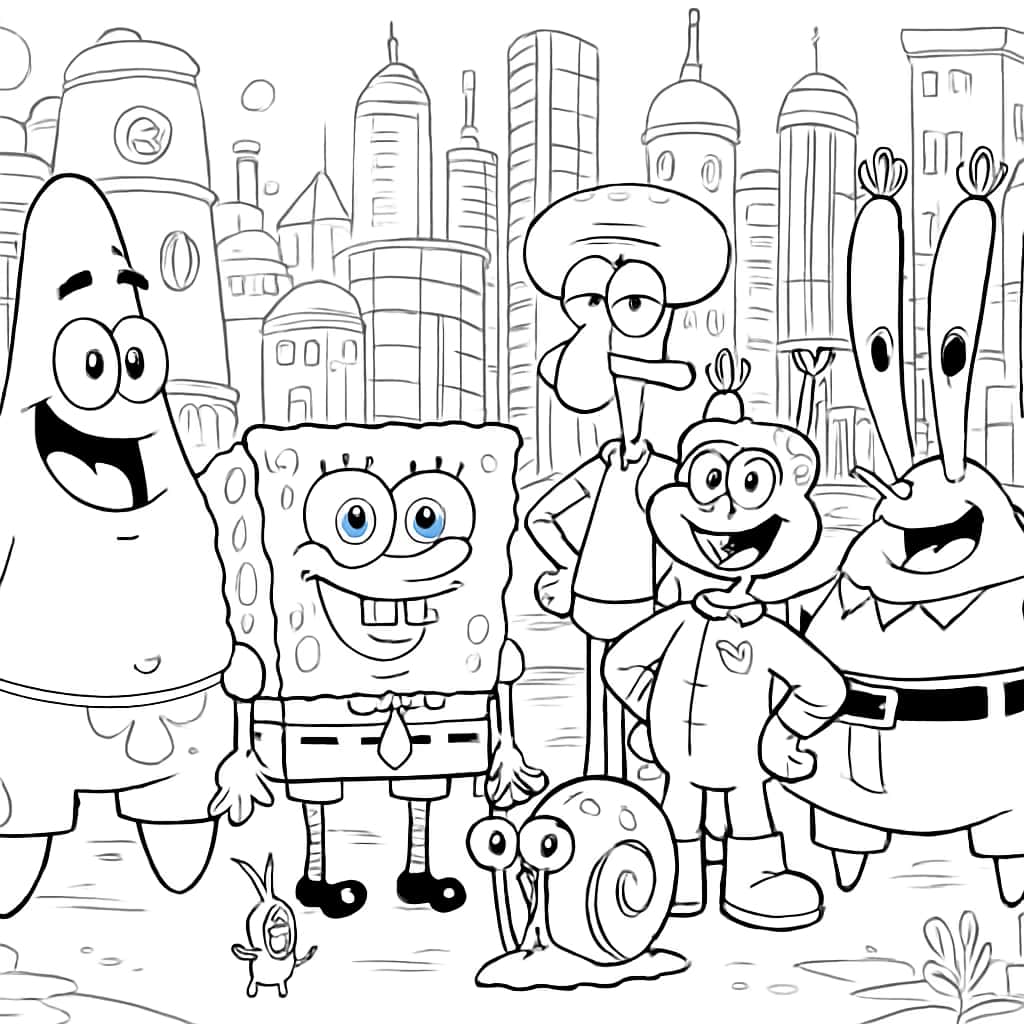 SpongeBob 涂色页:比奇堡市民合影场景