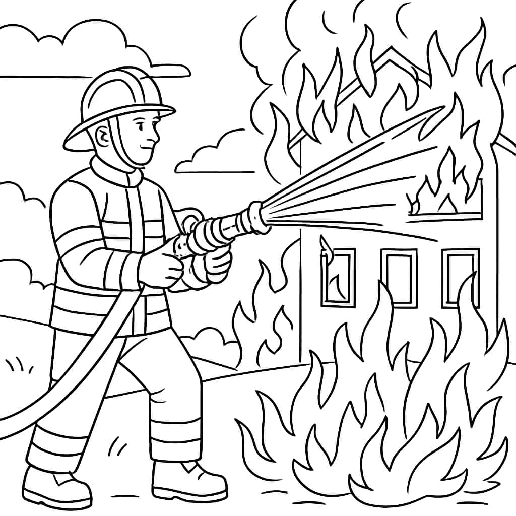 消防员涂色页|消防员喷水救火涂色画适合青少年打印