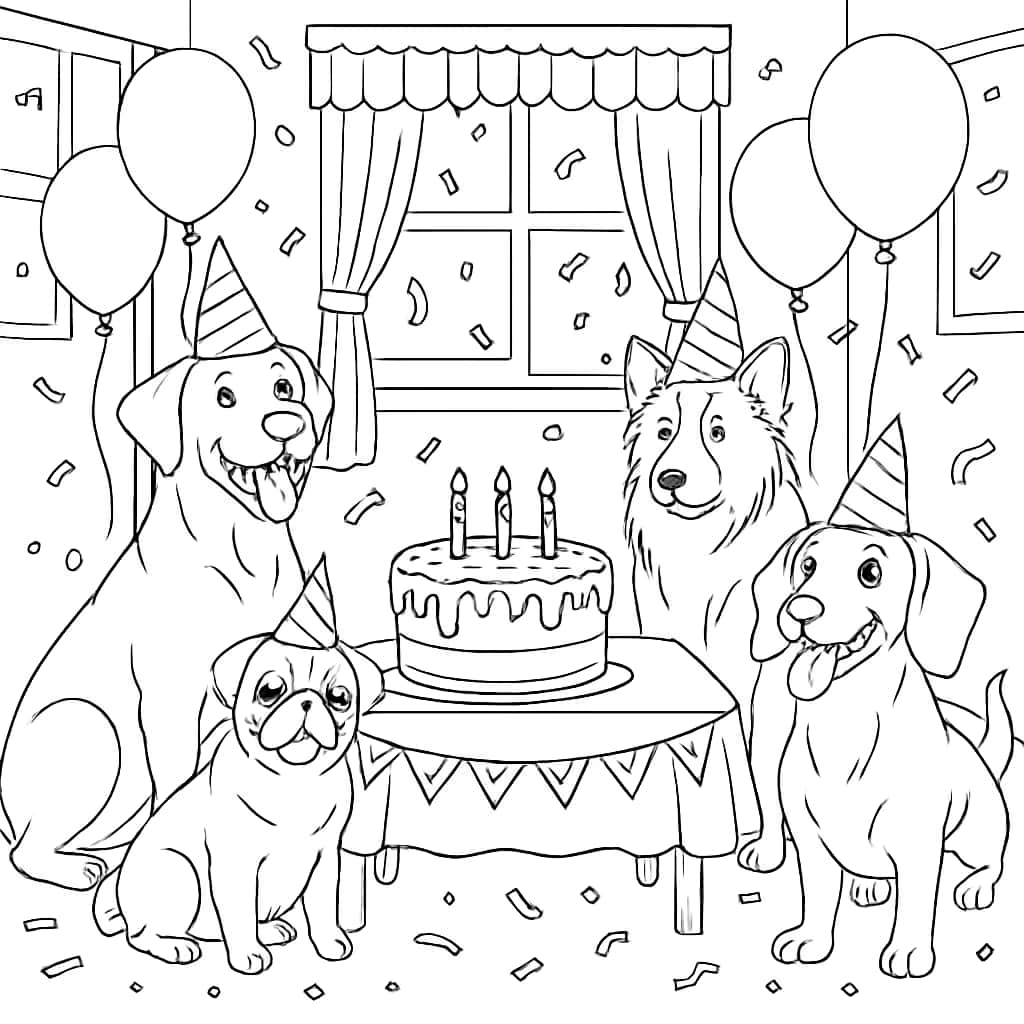 Pages de coloriage de chiens - Fête d'anniversaire