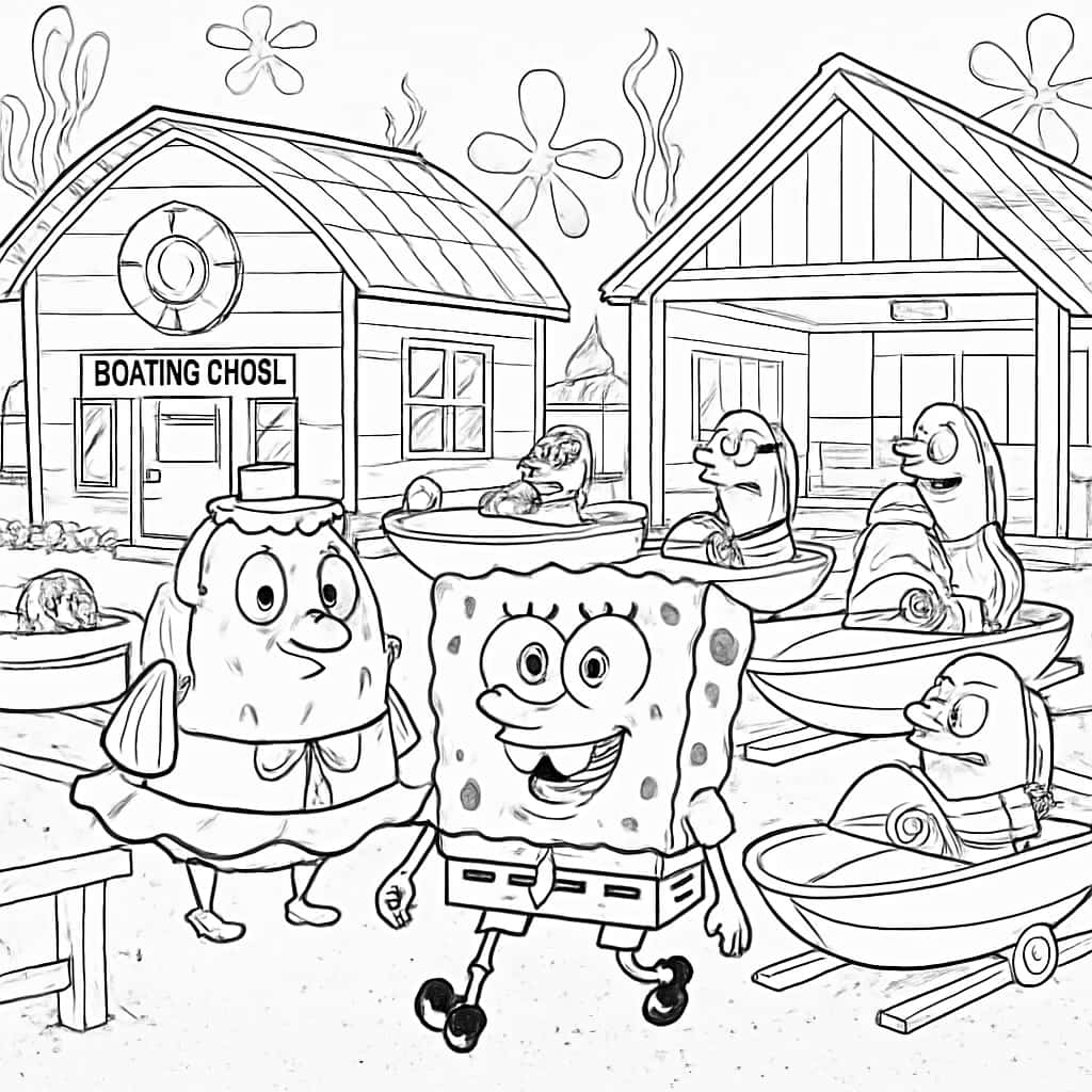 SpongeBob 涂色页:驾校复杂场景高级涂色页