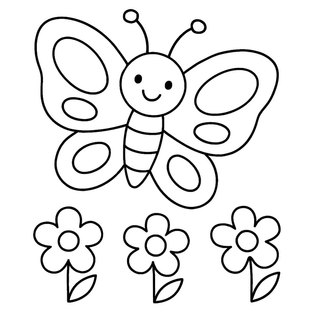 蝴蝶涂色頁-可愛蝴蝶與花朵兒童圖畫