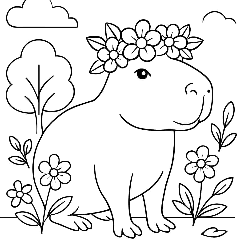 Capybara Coloring Pages - Capybara with Flower Crown
