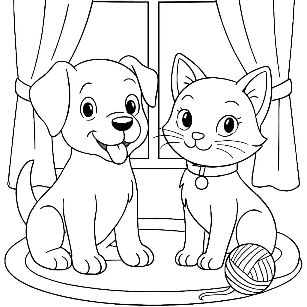 Pages de coloriage de chiens - Chiot et chaton amis
