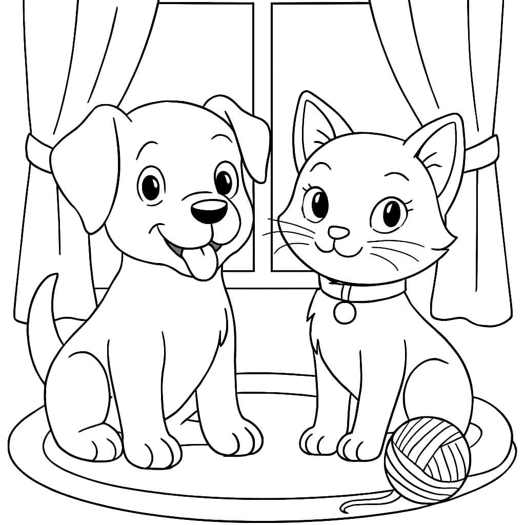 Pages de coloriage de chiens - Chiot et chaton amis