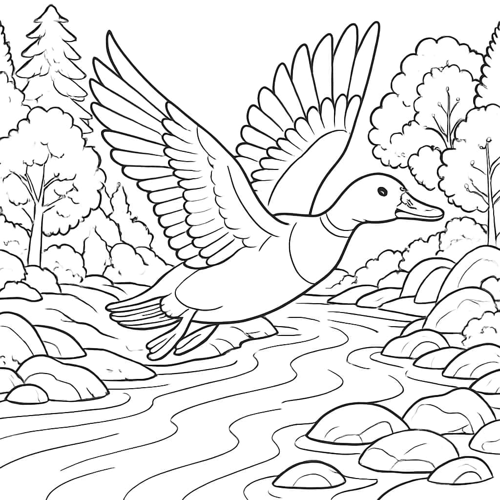 Duck Coloring Pages - Duck Flying Above River