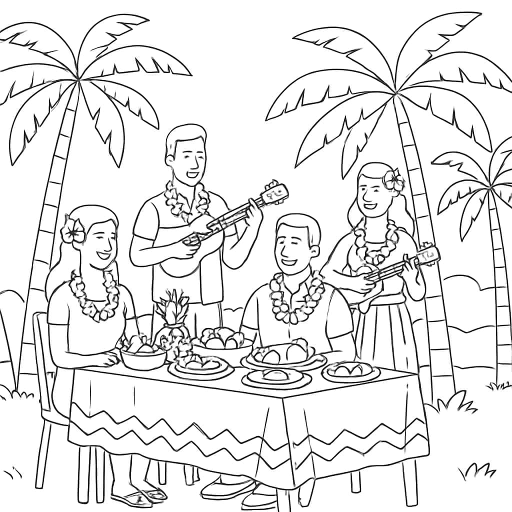 Hawaii 涂色页:夏威夷宴会场景涂色页
