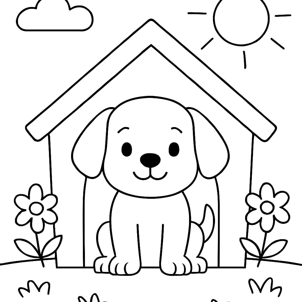 Pages de coloriage de chiens - Chiot dans une niche
