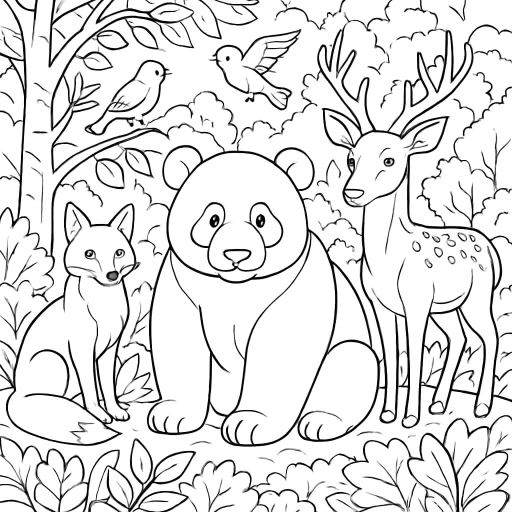 Panda Coloring Pages – Panda and Forest Friends Animals Coloring Page