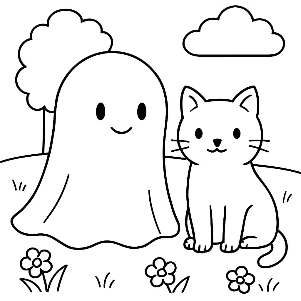 Ghost Coloring Pages – Ghost and Cat Coloring Page for Kids