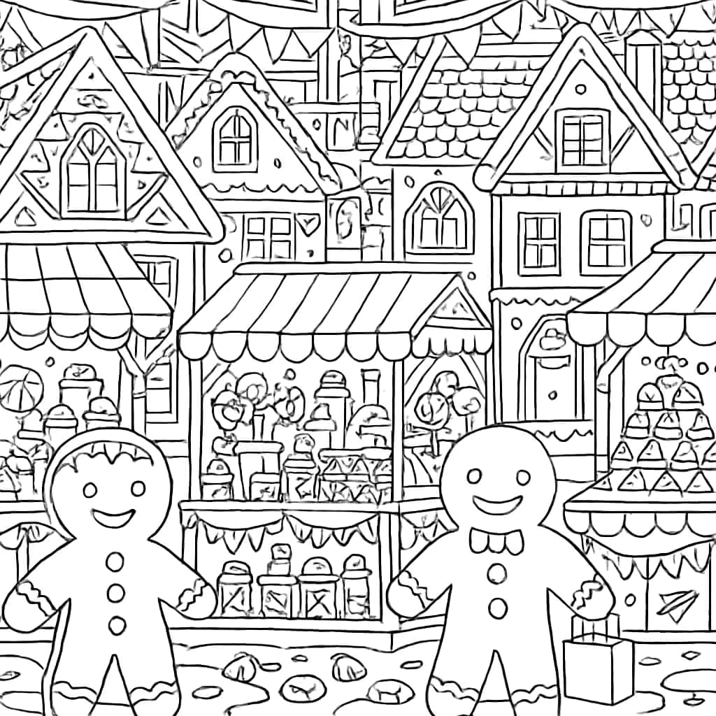 Gingerbread House Coloring Pages - Festival Market Scene for Adults
