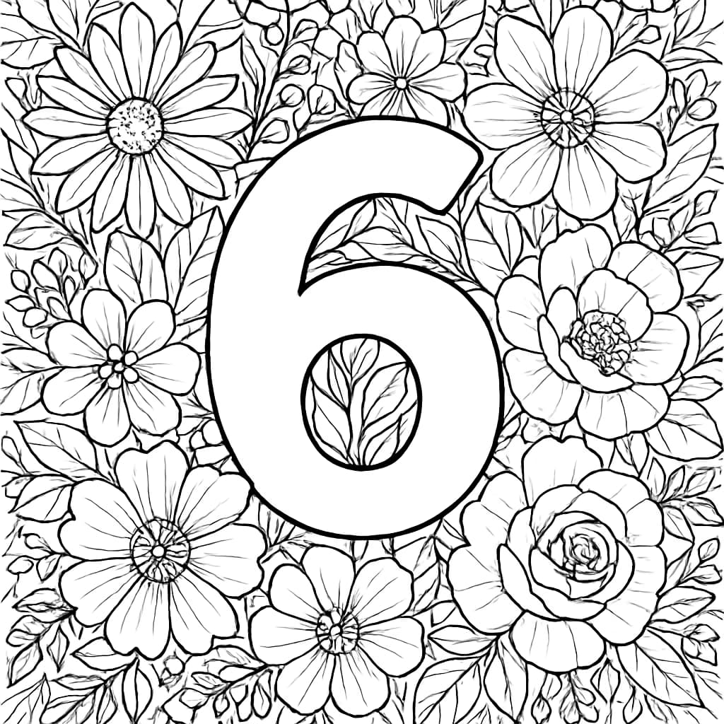Páginas para colorear de números – Diseño floral del número seis