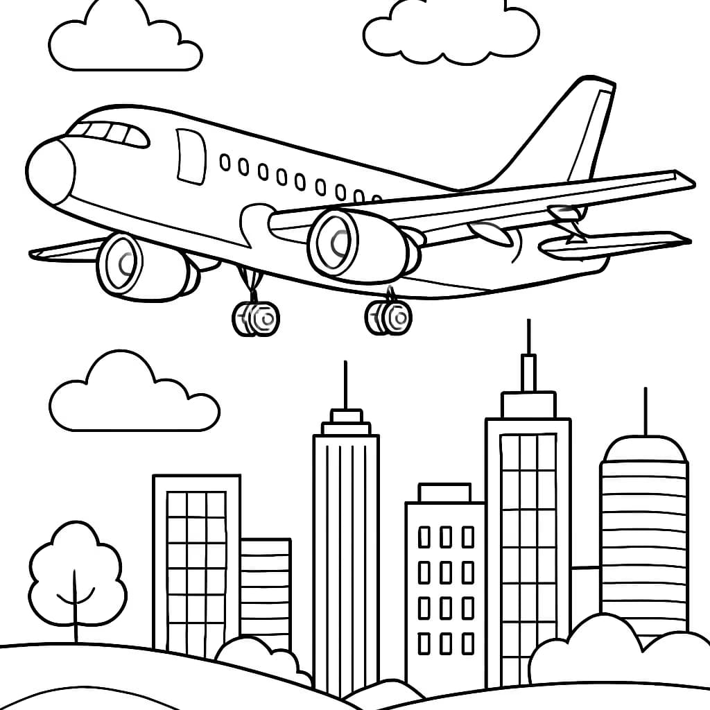 Airplane Coloring Pages – Airplane Over City Skyline