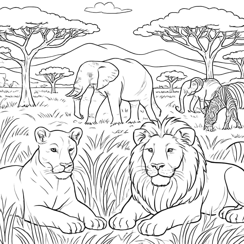 Páginas para Colorear de Animales: Encuentro en la Sabana
